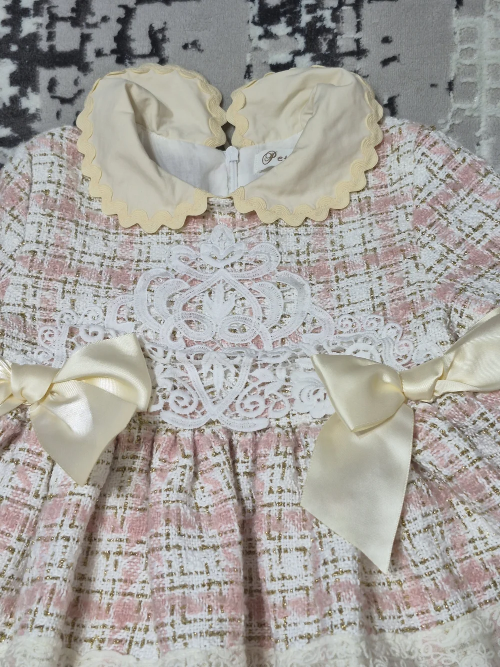 Pettigirl Autumn  Party pink plaid tweed ruffle dressscalloped Peter Pan collar
